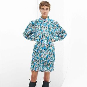 Ganni Blue Floral Mini Dress with Pink Accents